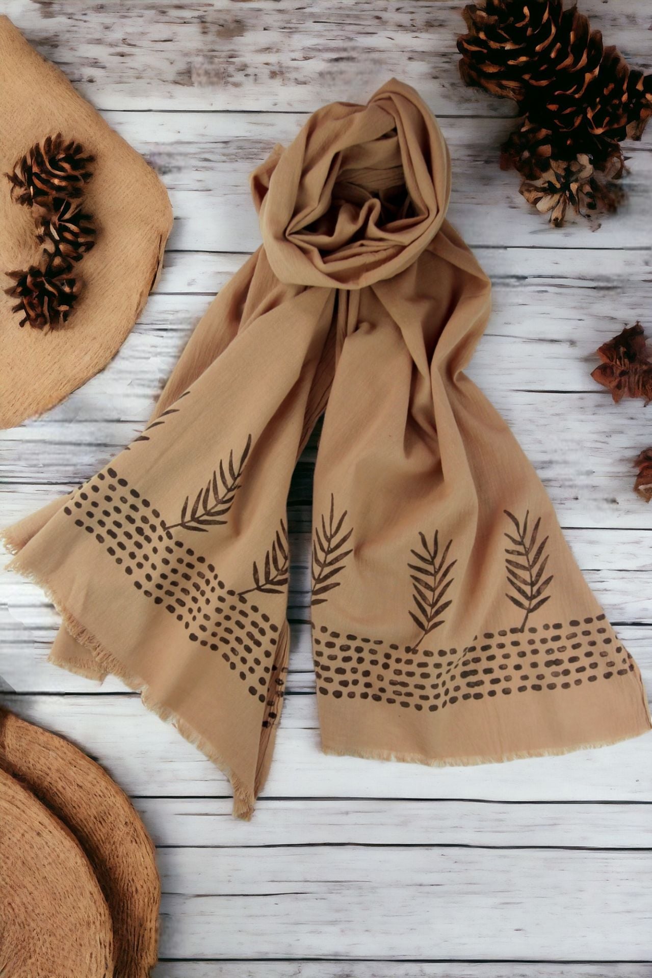 Kalila El Baskısı %100 Pamuk Organik Boyalı Şal Sütlü Kahve Dal Desen