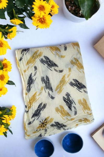 Kalila %100 Pamuk Desenli Şal Lacivert & Hardal Sarı