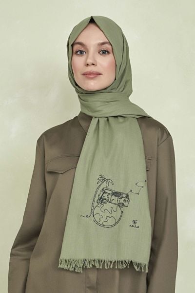 Düş Peşine Seyahat %100 Pamuk Şal Yeşil (NAKIŞLI)