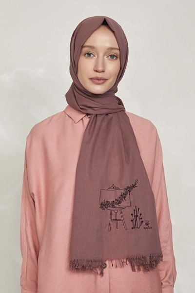 Düş Peşine Sanat %100 Pamuk Şal Gül Kurusu (NAKIŞLI)