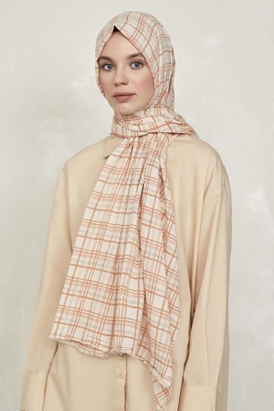 Kare Desen %100 Pamuk Şal Turuncu & Haki