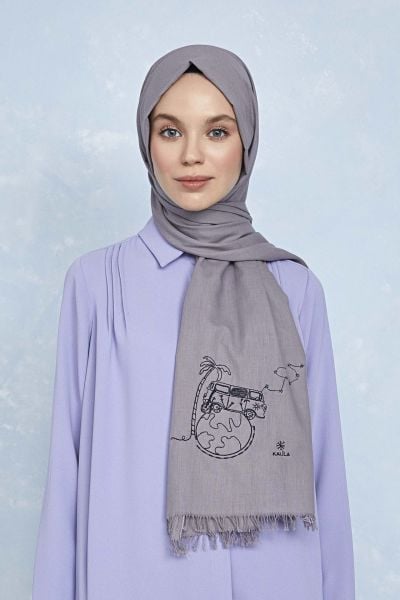 Outlet Düş Peşine Seyahat %100 Pamuk Şal Gri (NAKIŞLI)