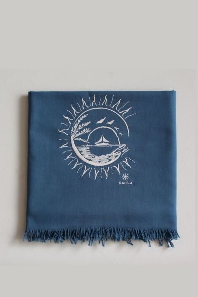 Düş Peşine Doğa Nefes %100 Pamuk Şal Mavi (NAKIŞLI)