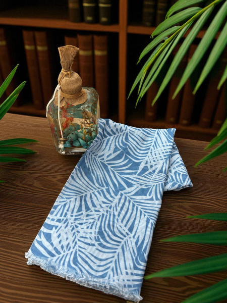 Firuze Serisi Düz Desenli Şallar %100 Pamuk Tropik Desen Mavi