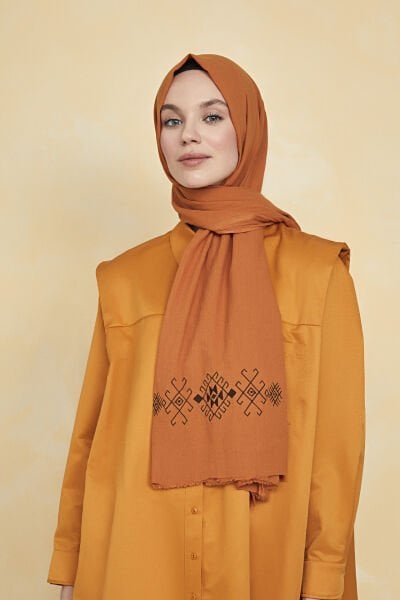 Organik Boyalı %100 Pamuk Şal Kiremit Mazi Nakışlı