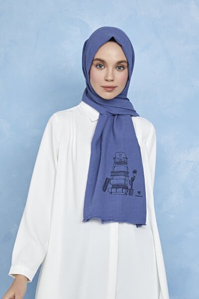 Organik Boyalı %100 Pamuk Şal Mavi Kariyer Nakışlı