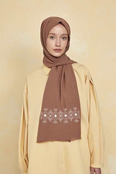Organik Boyalı %100 Pamuk Şal Kahve Mazi Nakışlı