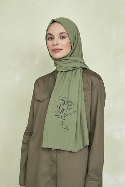 Organik Boyalı %100 Pamuk Şal Yeşil Doğa Nakışlı