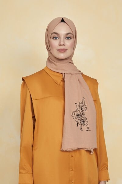 Organik Boyalı %100 Pamuk Şal Sütlü Kahve Doğa Gelincik Nakışlı