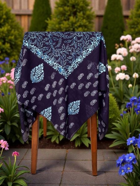 Desenli %100 Pamuk Kare Lacivert Mavi