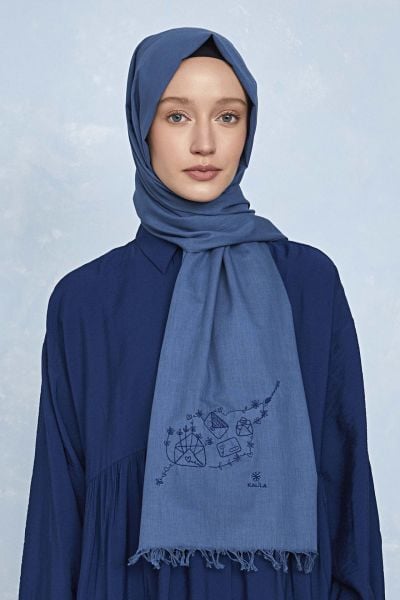 Düş Peşine Aşk %100 Pamuk Şal Mavi (NAKIŞLI)