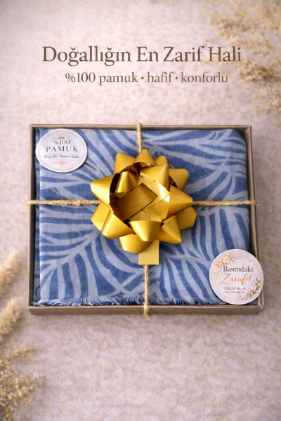 Hediyelik Firuze Serisi Düz Desenli Şallar %100 Pamuk Tropik Desen Mavi